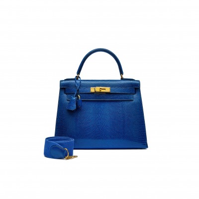 HERMÈS MASTER A SHINY BLEU ROI NILOTICUS LIZARD SELLIER KELLY 28 WITH GOLD HARDWARE (28*22*10cm) 